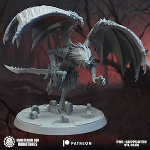 May include: A grey, unpainted miniature figure of a winged, humanoid creature with sharp features, long hair, and textured skin. The figure holds a curved, serrated blade in one hand and stands on a circular base decorated with small, broken stone markers.