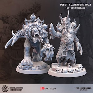 May include: Two light grey fantasy monster miniatures on circular bases. The left figure is a hunched creature with a spiked collar and clawed hands. The right figure is a horned humanoid with a chain and skull details. Text reads DESERT SCAVENGERS VOL. I.