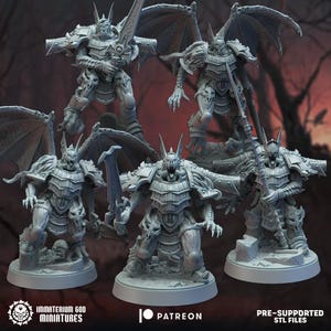 May include: A set of five grey resin miniature figures depicting winged, armoured warriors with sharp claws and fangs. Each figure stands on a circular base, wielding swords or spears. Text at the bottom reads Immaterium God Miniatures, Patreon, and Pre-Supported STL Files.