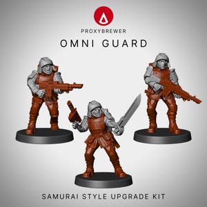 May include: Three miniature soldier figures from the Proxybrewer Omni Guard Samurai Style Upgrade Kit. Each figure wears a grey helmet and armour with reddish-brown clothing, standing on black circular bases. They hold rifles or a sword.