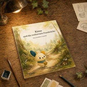 May include: A book titled Kimo und die verlorenen Fundstücke with a watercolor illustration of a small, light-colored creature with blue and yellow ears standing on a forest path. The cover features green trees, a squirrel, and text.