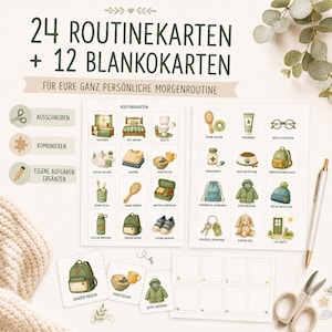 May include: A set of 24 routine cards and 12 blank cards featuring illustrations of daily tasks. The cards include text in German such as '24 ROUTINEKARTEN + 12 BLANKOKARTEN'. The set is displayed with scissors and a pen on a light surface.