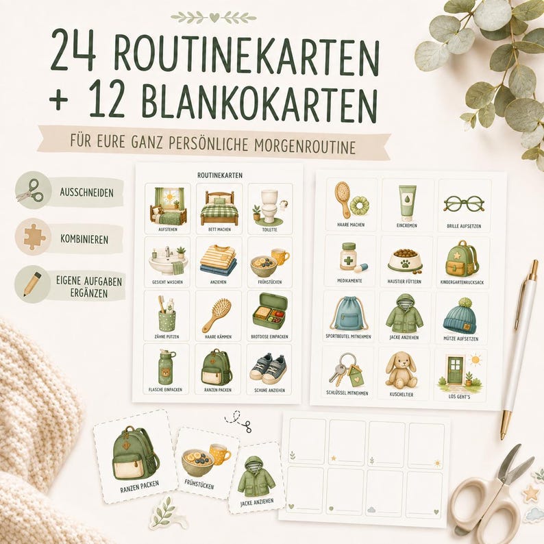 May include: A set of 24 routine cards and 12 blank cards featuring illustrations of daily tasks. The cards include text in German such as '24 ROUTINEKARTEN + 12 BLANKOKARTEN'. The set is displayed with scissors and a pen on a light surface.
