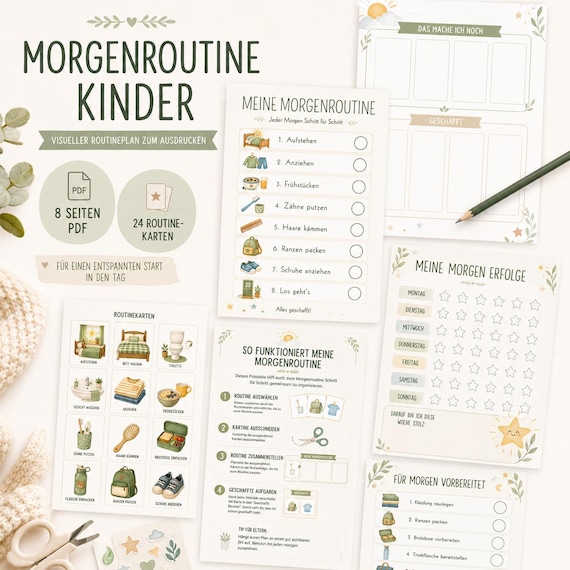 Morgenroutine Kinder Printable | Routinekarten & visueller Routineplan | 8 Seiten DIN A4 PDF