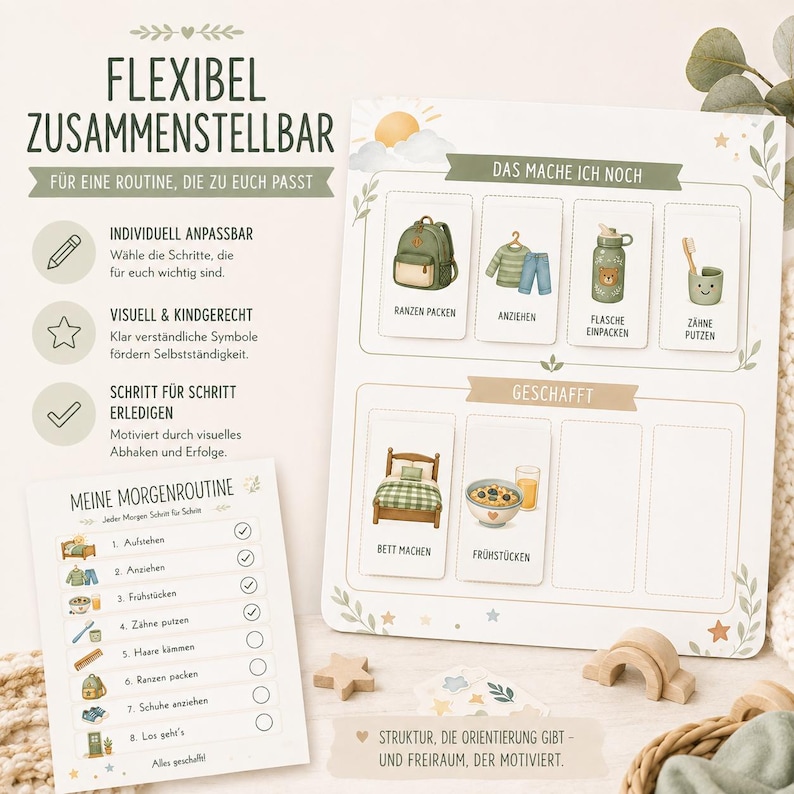 May include: A white visual routine board featuring illustrations of daily tasks like packing a backpack, dressing, and brushing teeth, with sections labeled Das mache ich noch and Geschafft, accompanied by a matching morning routine checklist.