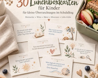 May include: A set of 30 lunchbox cards for children featuring German text, watercolor illustrations of nature, and motivational messages. The cards include categories like jokes, riddles, and missions, displayed alongside a green lunchbox with food.