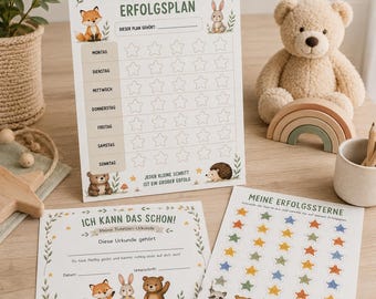 May include: A potty training reward chart set featuring a main tracker with days of the week, a certificate titled Ich kann das schon, and a sheet of colorful star stickers. The paper items are decorated with illustrations of a fox, rabbit, bear, and hedgehog.