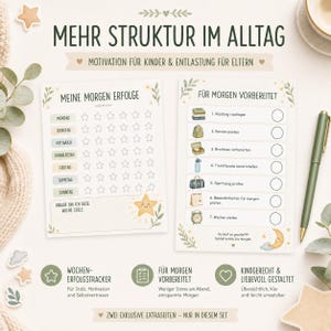 May include: Two printed planning sheets with the text MEHR STRUKTUR IM ALLTAG, MOTIVATION F&Uuml;R KINDER & ENTLASTUNG F&Uuml;R ELTERN. One sheet features a weekly star tracker, the other a morning checklist with seven items, illustrated with icons and a moon.