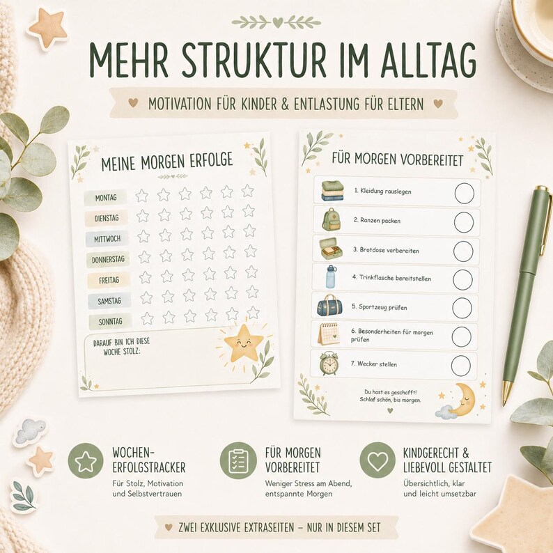 May include: Two printed planning sheets with the text MEHR STRUKTUR IM ALLTAG, MOTIVATION F&Uuml;R KINDER & ENTLASTUNG F&Uuml;R ELTERN. One sheet features a weekly star tracker, the other a morning checklist with seven items, illustrated with icons and a moon.