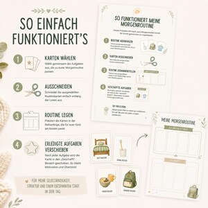 May include: A printable morning routine organizer set featuring instructional text in German, including steps for selecting, cutting, and arranging illustrated task cards. The set includes a main chart, a daily routine board, and several small cards depicting daily activities like making a bed, brushing teeth, eating breakfast, and packing a backpack.
