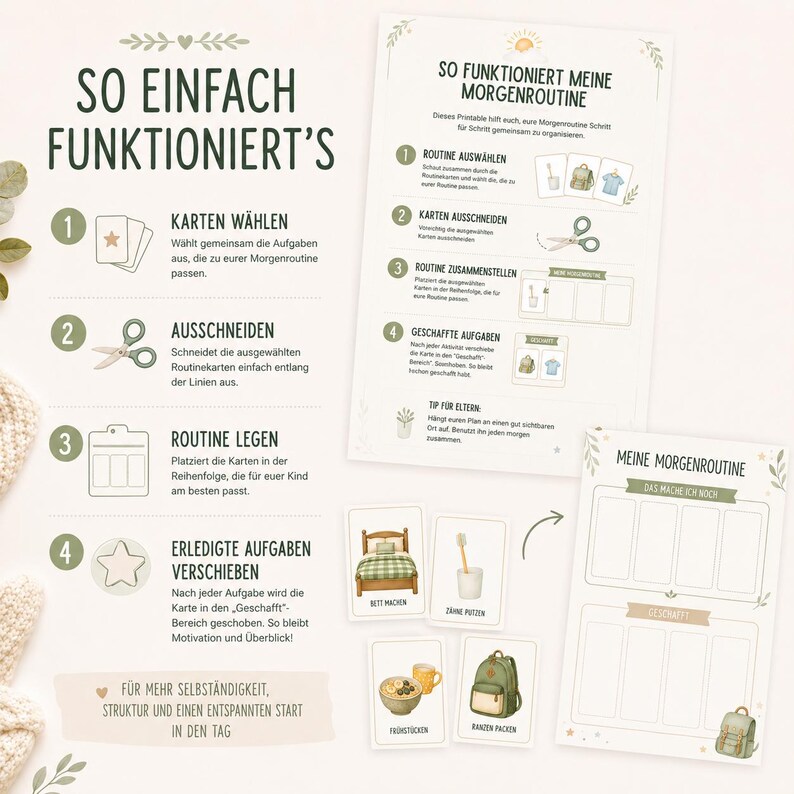May include: A printable morning routine organizer set featuring instructional text in German, including steps for selecting, cutting, and arranging illustrated task cards. The set includes a main chart, a daily routine board, and several small cards depicting daily activities like making a bed, brushing teeth, eating breakfast, and packing a backpack.