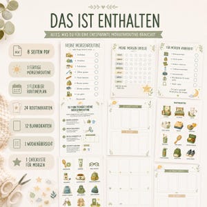 May include: A digital printable morning routine planner set featuring German text including 'DAS IST ENTHALTEN', 'MEINE MORGENROUTINE', and 'ROUTINEKARTEN'. The set includes checklists, star charts, and illustrated cards with icons for daily tasks, all presented on a light background.