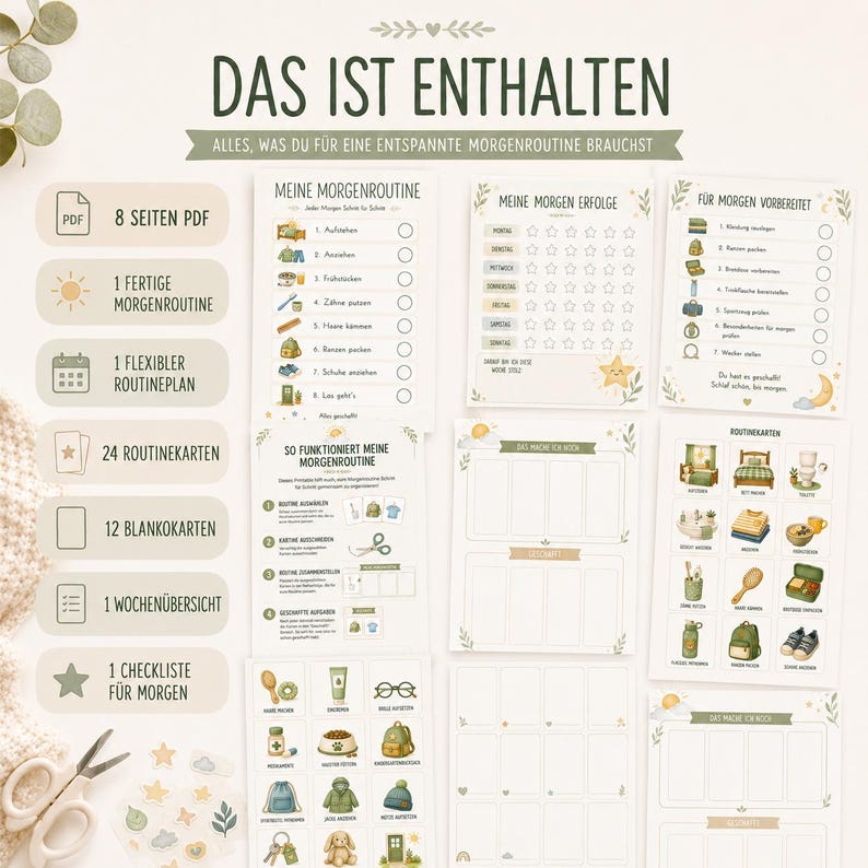 May include: A digital printable morning routine planner set featuring German text including 'DAS IST ENTHALTEN', 'MEINE MORGENROUTINE', and 'ROUTINEKARTEN'. The set includes checklists, star charts, and illustrated cards with icons for daily tasks, all presented on a light background.