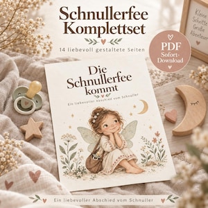 Puede incluir: Un conjunto de descarga digital en PDF titulado Schnullerfee Komplettset que contiene 14 páginas. La portada muestra el texto Die Schnullerfee kommt y una ilustración de un hada con alas, rodeada de flores, estrellas y una luna creciente.