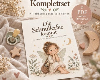 May include: A digital PDF download set titled Schnullerfee Komplettset featuring 14 pages. The cover displays the text Die Schnullerfee kommt and an illustration of a fairy with wings, surrounded by flowers, stars, and a crescent moon.