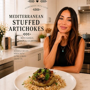 Mediterranean Stuffed Artichokes with Beef, Peas & Carrots | Lemon Garlic EVOO Sauce | Recipe PDF Download