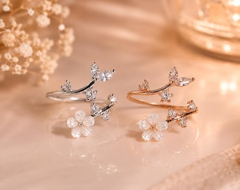 Sakura Cherry Blossom Ring, Sterling Silver Branch Ring, Cubic Zirconia Floral Jewelry