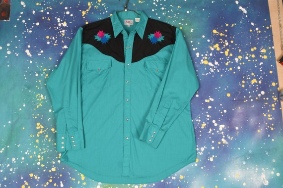 90s vintage Teal and Black ELY Cowboy Shirt