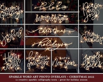 12 Christmas photo overlays for Photoshop, holiday word art in a sparkle effect, great for Christmas photography and family mini sessions