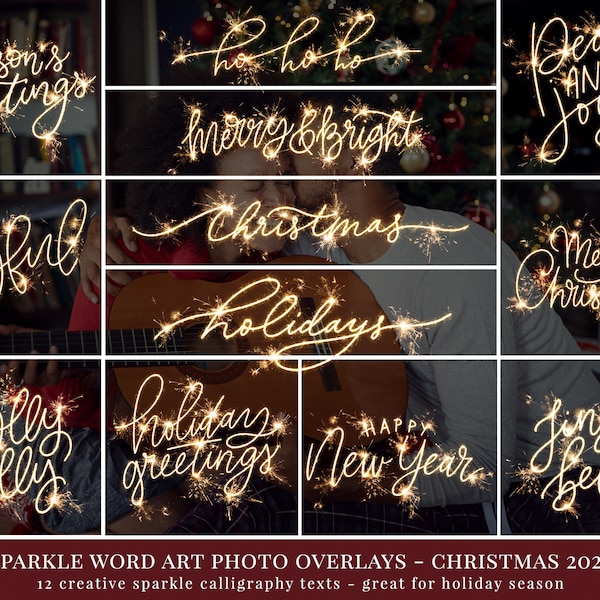 12 Christmas photo overlays for Photoshop, holiday word art in a sparkle effect, great for Christmas photography and family mini sessions