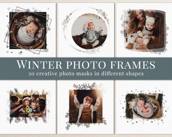 May include: A set of 20 winter-themed photo frames in different shapes. The frames feature snowflakes, branches, and other wintery elements. The frames are perfect for adding a festive touch to your photos.