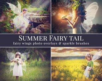 Fairy photo overlays "Summer Fairy Tail", fairy wings photo overlays and sparkle brushes, gift - crown overlay, photo overlays for Photoshop