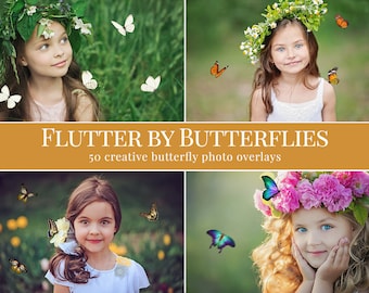 Butterfly photo overlays &quot;Flutter by Butterflies&quot;, spring & summer photo overlays for Photoshop, portrait, kids, family photography