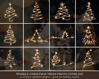May include: Twelve sparkling Christmas tree shapes created with sparklers. The trees are in various styles and are perfect for adding a festive touch to holiday photos.