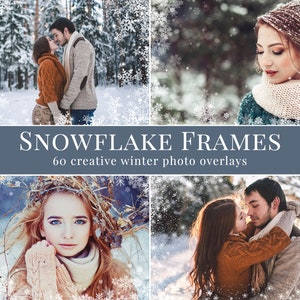 May include: A set of 60 digital snowflake photo overlays for adding a wintery touch to photos. The overlays feature various snowflake designs in white against a blue background. The text "SNOWFLAKE FRAMES" and "60 creative winter photo overlays" is displayed on a blue banner.