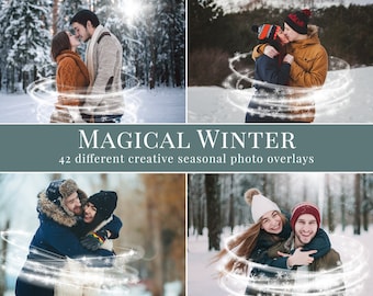 May include: Four couples in winter clothing are standing in snowy landscapes. Each couple is surrounded by a white, glowing, circular overlay with a sparkling effect. The text "MAGICAL WINTER" is displayed above the images, and the text "42 different creative seasonal photo overlays" is displayed below the images.