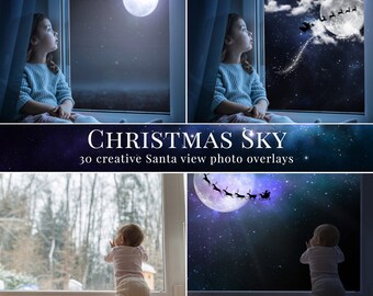 May include: A set of 30 digital overlays featuring Santa Claus flying through a starry night sky with a full moon. The overlays are designed to be used in photo editing software to add a festive touch to images.