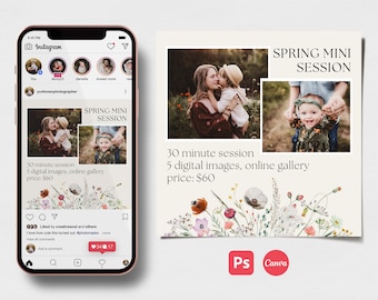 May include: Instagram post advertising a spring mini photo session. The post features two photos of a mother and child in a field of flowers. The text reads "SPRING MINI SESSION", "30 minute session", "5 digital images, online gallery", "price: $60", and "Ps Canva".