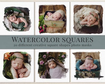 May include: 20 watercolor square photo masks. Each mask features a different creative square shape with a soft, painterly edge. The masks are perfect for adding a unique and artistic touch to your photos.