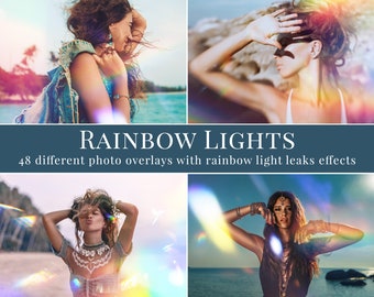May include: 48 different photo overlays with rainbow light leaks effects. These overlays can be used to add a touch of magic to your photos. The overlays are in PNG format and can be used in Photoshop, GIMP, or any other image editing software.