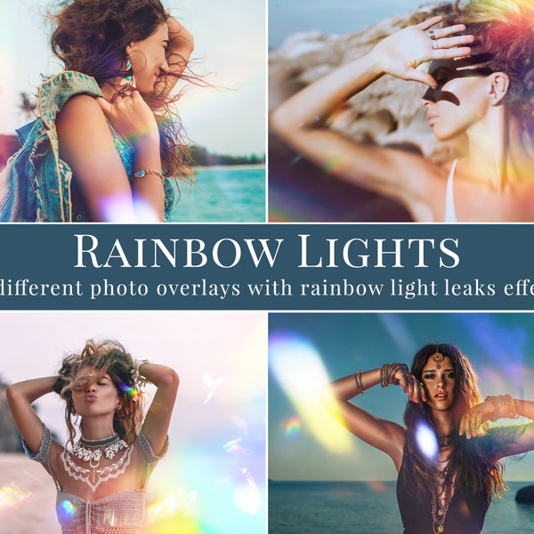 48 different rainbow lights photo overlays for Photoshop, digital overlays great for summer photography and portraits, creative editing