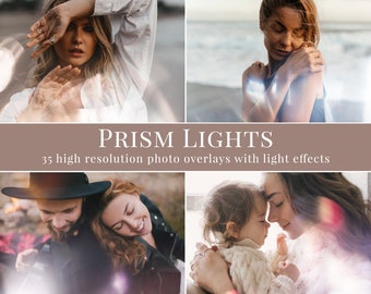 35 different prism lights photo overlays for Photoshop, digital overlays great for summer photography and portraits, creative editing