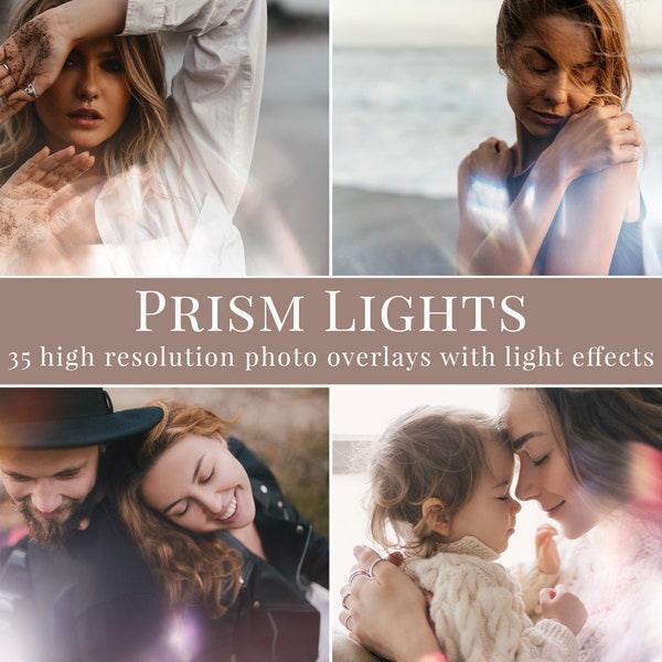 35 different prism lights photo overlays for Photoshop, digital overlays great for summer photography and portraits, creative editing