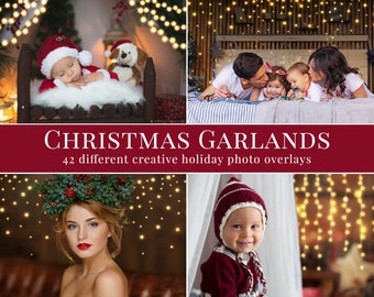 Creative Christmas garlands photo overlays for Photoshop, action, lights, bokeh overlays, winter, holiday, xmas, minis, magic atmosphere