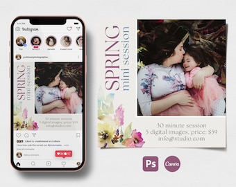 Spring Mini Session template for Photoshop and Canva, fully editable and customizable digital template, great for Instagram and Facebook