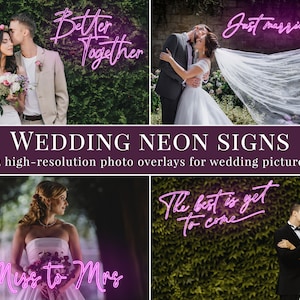 12 different Wedding Neon Signs photo overlays for Photoshop, digital overlays great for wedding photography and portraits, PNG files