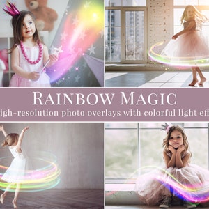 48 verschillende foto-overlays met regenbooglichten voor Photoshop, digitale overlays, ideaal voor kinderfotografie en portretten, magisch effect