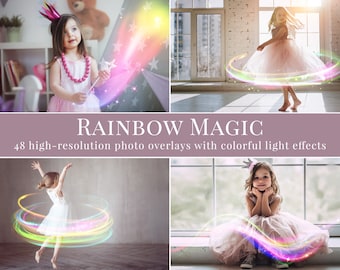 May include: A set of 48 high-resolution photo overlays with colorful light effects. The overlays feature rainbow-colored light streaks and sparkles. The overlays are perfect for adding a magical touch to your photos.