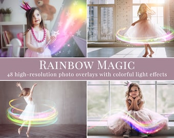 48 different rainbow lights photo overlays for Photoshop, digital overlays great for kids photography and portraits, magical effect