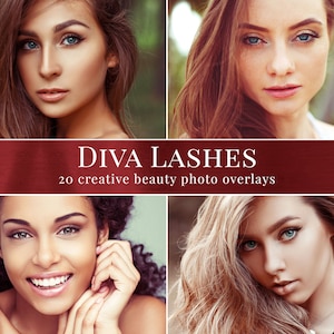 May include: A collage of four images featuring women with different hairstyles and makeup. The images are arranged in a grid pattern. The text "DIVA LASHES 20 creative beauty photo overlays" is displayed in the center of the image.