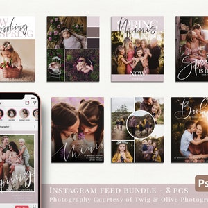 May include: A set of eight Instagram feed templates featuring a spring theme. The templates feature images of families and children in a variety of settings, including a park, a field, and a forest. The templates are designed to be used for promoting spring photography sessions.