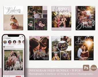 May include: A set of eight Instagram feed templates featuring a spring theme. The templates feature images of families and children in a variety of settings, including a park, a field, and a forest. The templates are designed to be used for promoting spring photography sessions.