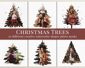May include: Set of 20 watercolor Christmas tree photo overlays. Each overlay features a unique watercolor design with a cutout shape of a Christmas tree. The overlays can be used to create festive photo montages.