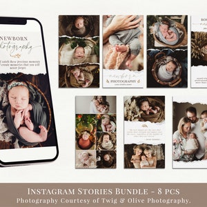 Puede incluir: Un conjunto de ocho plantillas de historias de Instagram para fotografía de recién nacidos. Las plantillas presentan una estética rústica con bordes desgarrados y una paleta de colores neutros. El texto en las plantillas incluye la frase "fotografía de recién nacidos" y una cita sobre la captura de momentos preciosos.