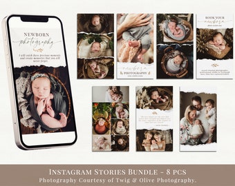 Newborn Instagram Stories editable and customizable digital templates, psd files for photoshop, social media and marketing for photographers