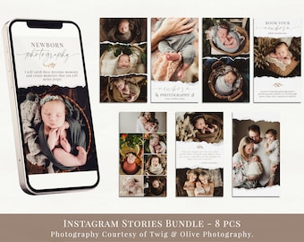 May include: A set of eight Instagram story templates for newborn photography. The templates feature a rustic aesthetic with torn edges and a neutral color palette. The text on the templates includes the phrase "newborn photography" and a quote about capturing precious moments.
